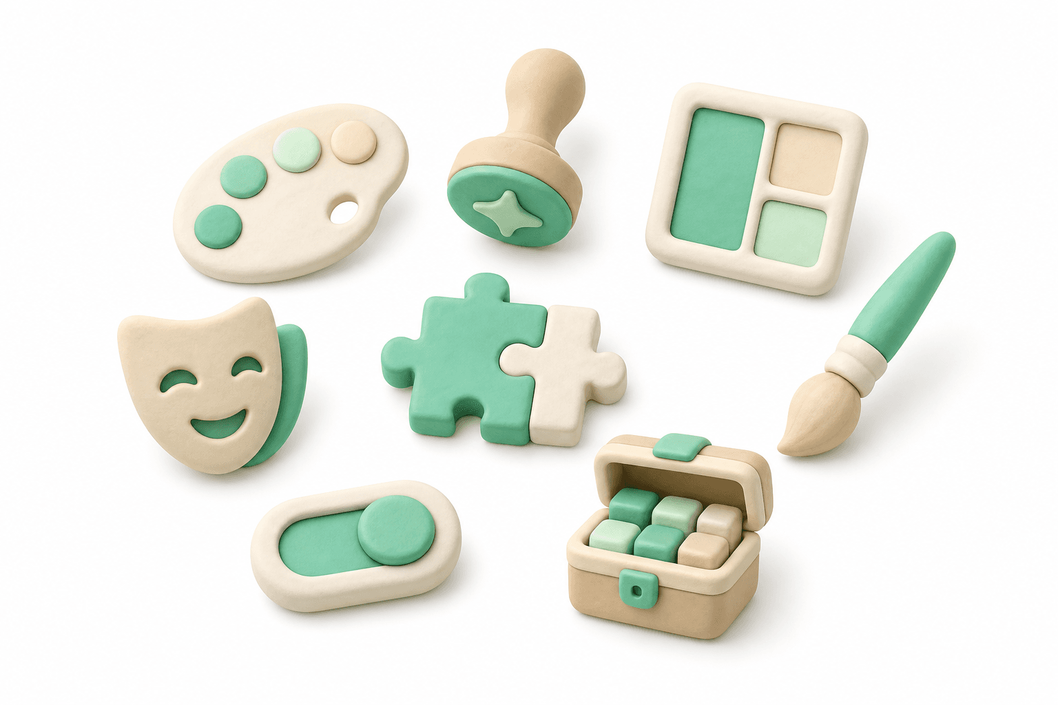 Anpassungs-Werkzeuge: Farbpalette, Logo-Stempel, Layout-Raster, Pinsel, Charakter-Maske, Puzzle-Feature, Toggle-Switch und Addon-Koffer im 3D-Claymorph-Stil